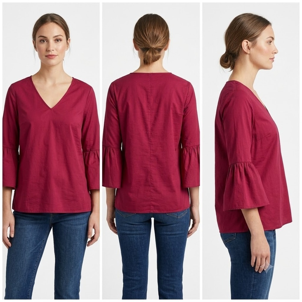 Jane And Delancey Blouse Top Womens 1X Maroon Bell Sleeve V-Neck Cotton Comfy
